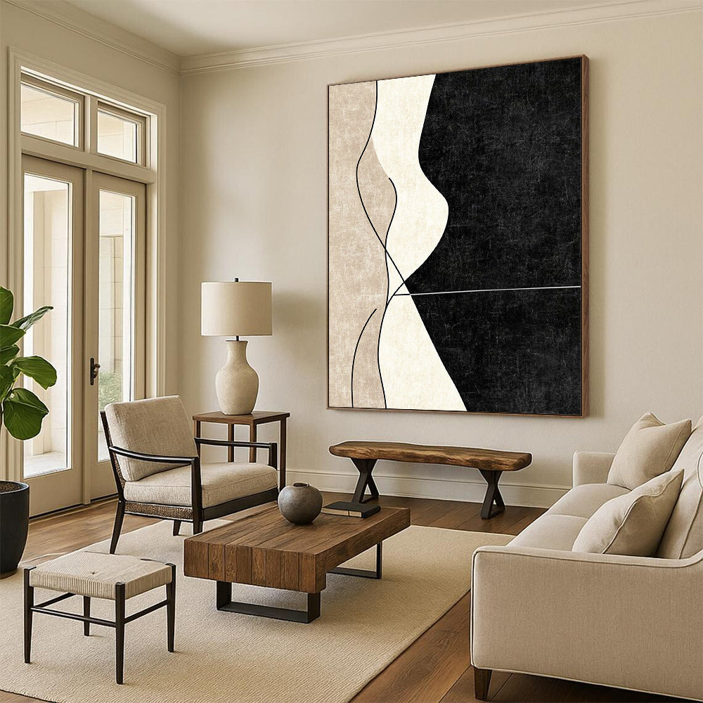 Modern contemporary abstract painting with clean lines showcasing elegant curved shapes in neutral tones against a deep black background. DLZ1375