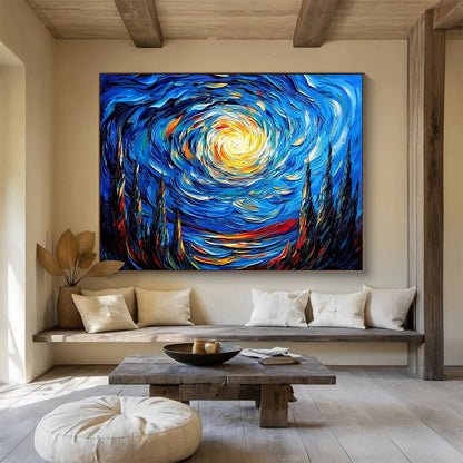 “Swirling Starry Night” - Deep Blues, Bright Yellows, Oranges, Dynamic Starry Sky - Impasto Oil Painting HB1721