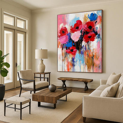 Expressive contemporary abstract painting of flowers in vibrant red pink and blue with thick brushstrokes and texture capturing the warmth of springtime. DLZ0982