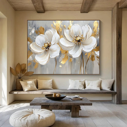 “Gold - Accented White Flowers on Gray” - White, Gold, Gray, White flowers with gold details on gray - Impasto Oil Painting HB1786