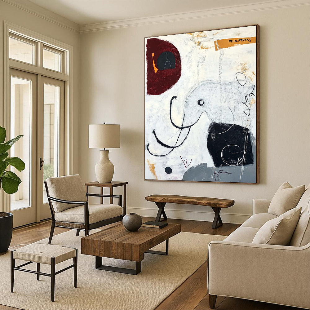Contemporary hand-painted abstract art featuring an elephant in black lines and circles with a modern surrealistic style that evokes happiness. DLZ1071