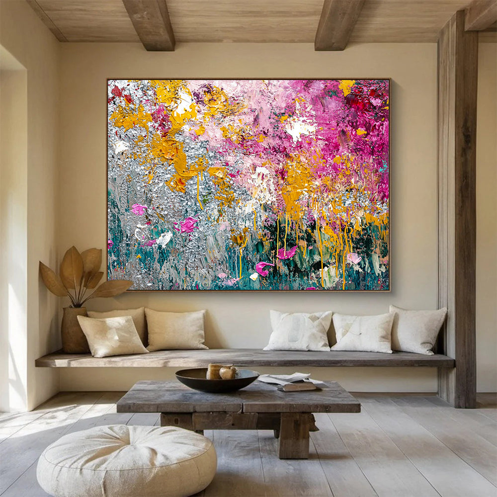 “Textured Floral Abstract” - Yellow, Pink, Silver, Green with Thick Textures - Painting On Canvas HB1379