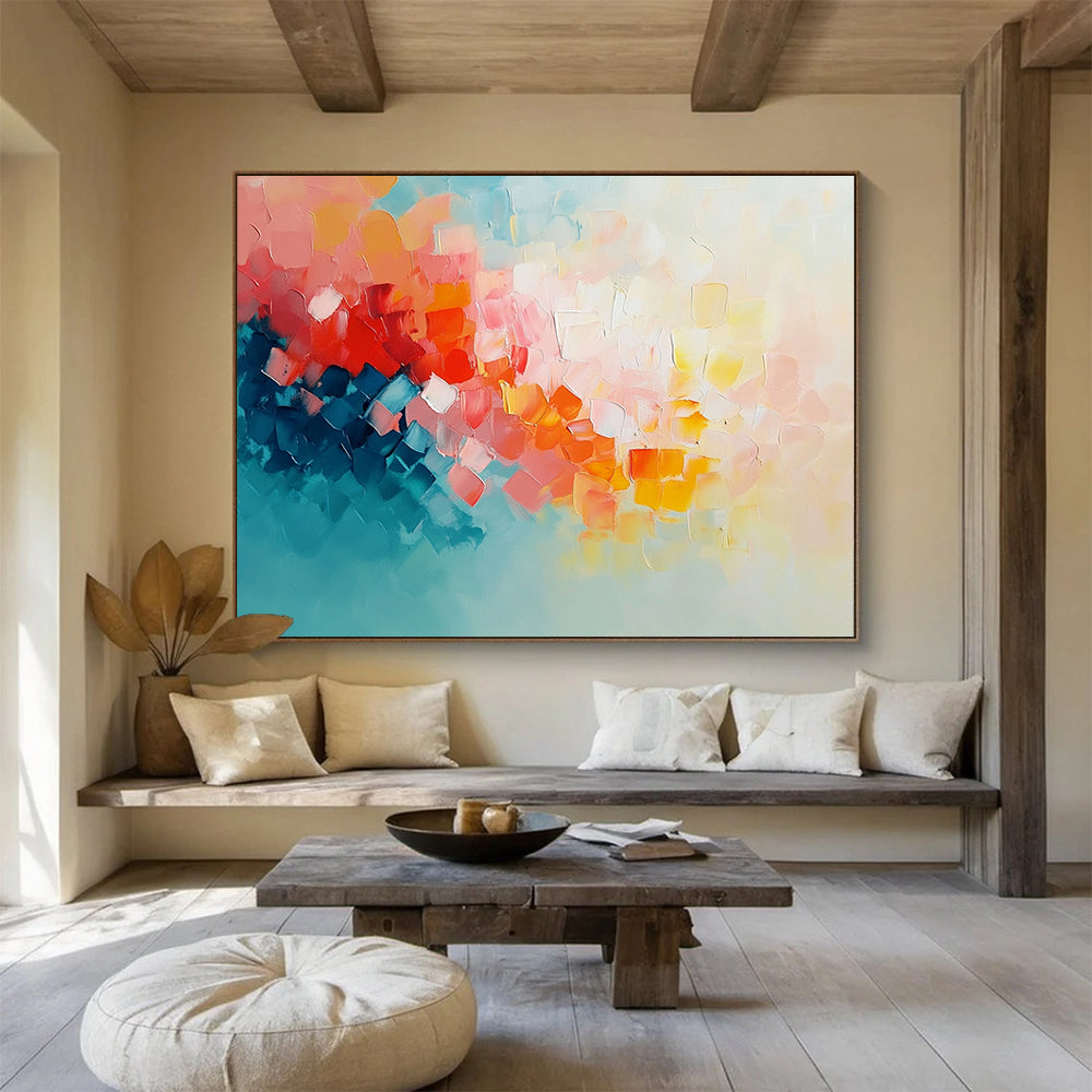 “Vibrant Square Impasto” - Pink, Orange, Blue, White - Textured Square Abstract - Oil Painting HB1318