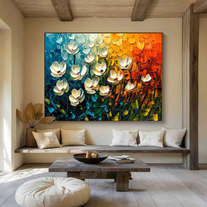 Textured White Flowers in Colorful Background – Impasto Abstract Acrylic Floral Painting HB1474