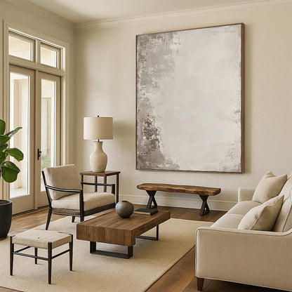 Contemporary hand-painted abstract art features a distressed texture in neutral tones with hidden sketch-like designs inviting exploration and intrigue. DLZ1170