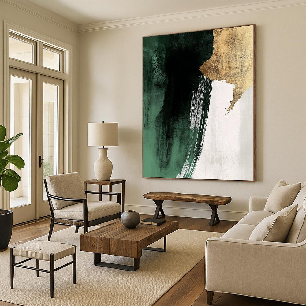 Contemporary hand-painted abstract art featuring dark green and white brushstrokes with gold foil and striking negative space in a minimalist style. DLZ1623