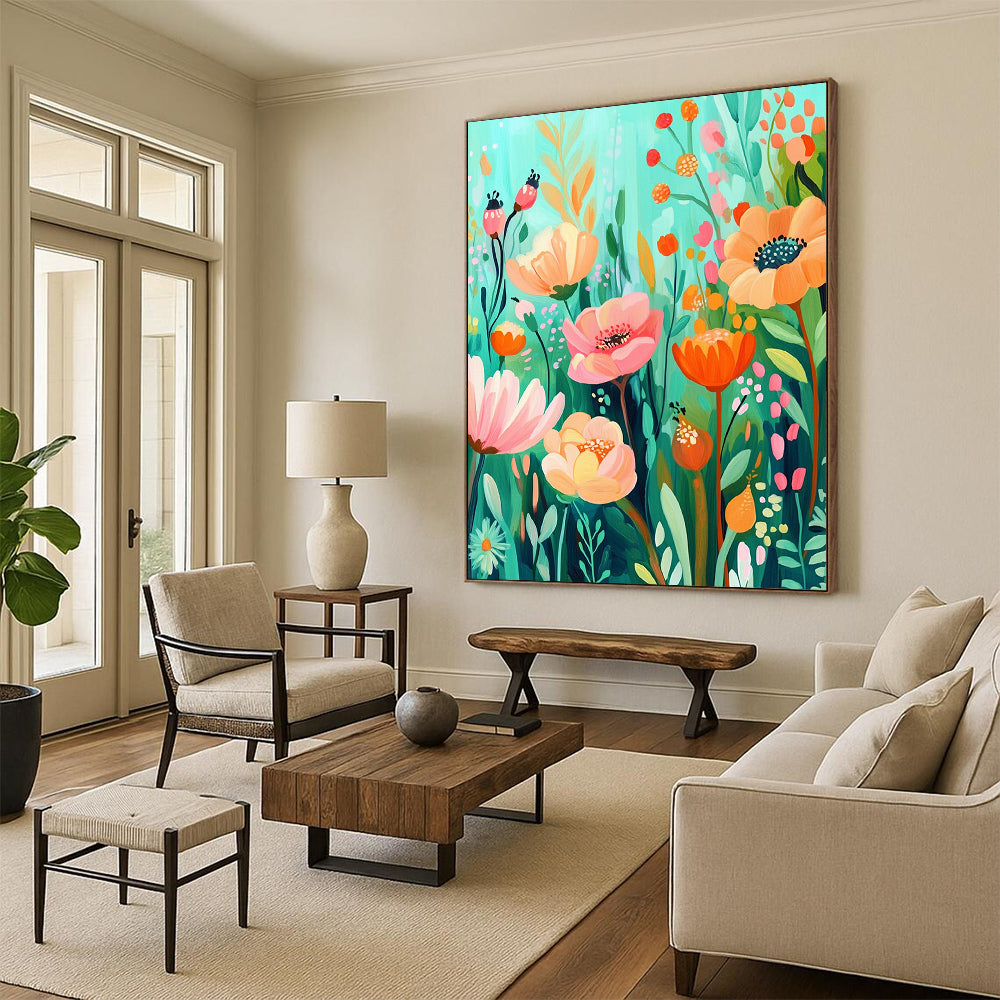 Bold contemporary abstract artwork featuring a whimsical floral garden in vibrant aquamarine and orange hues, ideal for brightening any space. DLZ1573