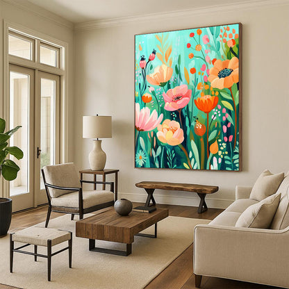 Bold contemporary abstract artwork featuring a whimsical floral garden in vibrant aquamarine and orange hues, ideal for brightening any space. DLZ1573