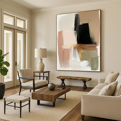 Contemporary hand-painted abstract art in beige and black with gold accents featuring expressive brush strokes and a neutral palette of serene colors. DLZ0880