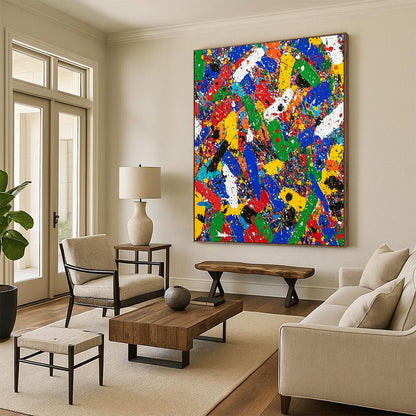 Contemporary hand-painted abstract art filled with vibrant colors and dynamic shapes evoking emotions of excitement and nostalgia in a captivating landscape. DLZ1176