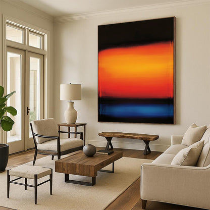 Bold contemporary hand-painted abstract artwork with a serene orange and blue gradient background and glowing shades of red and blue. DLZ1157