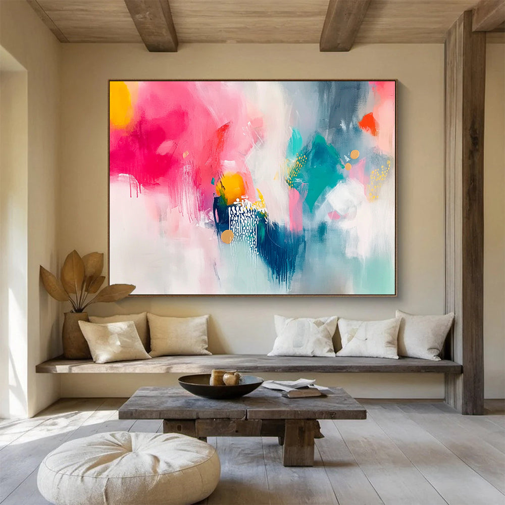 “Vibrant Pink Teal Abstract” - Pink, Teal, Yellow, White, Colorful Forms - Painting On Canvas HB1419