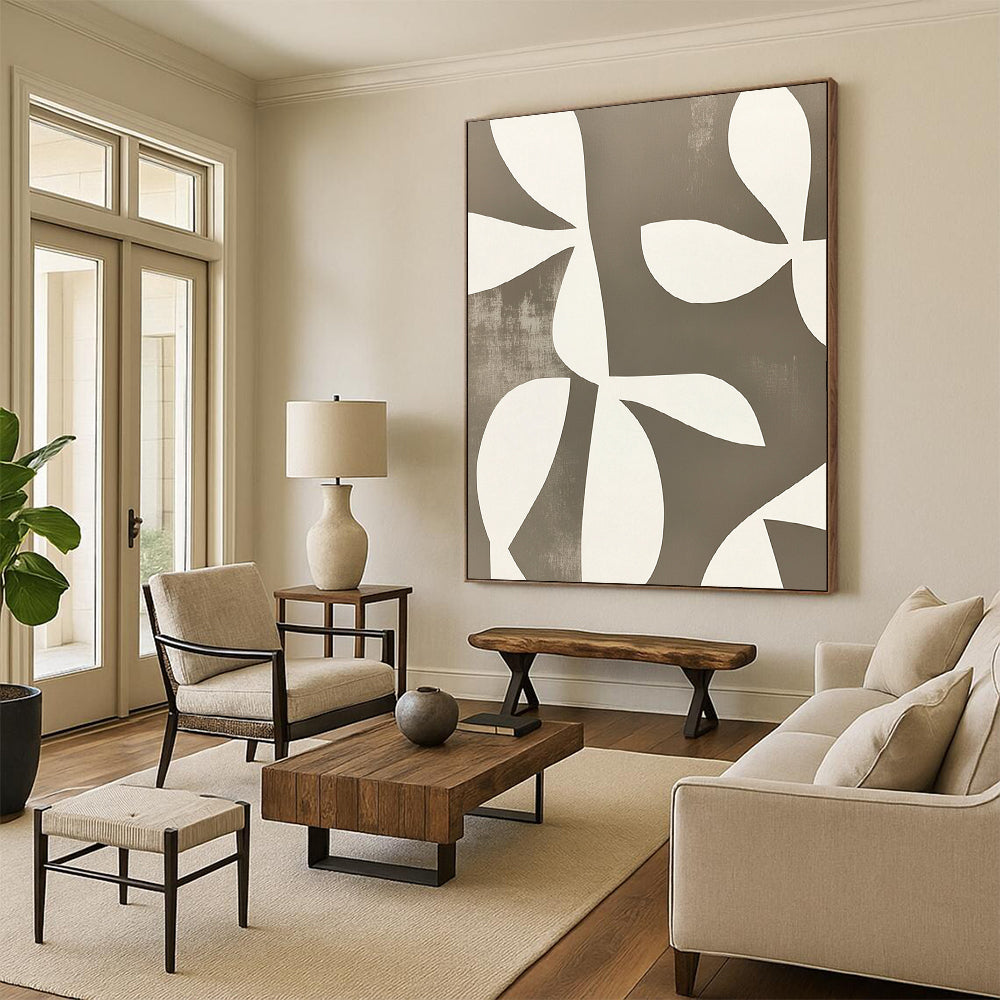 Contemporary abstract artwork featuring minimalist shapes and overlapping floral forms in white on grey, echoing Matisse’s style with defined edges. DLZ1648