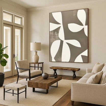 Contemporary abstract artwork featuring minimalist shapes and overlapping floral forms in white on grey, echoing Matisse’s style with defined edges. DLZ1648