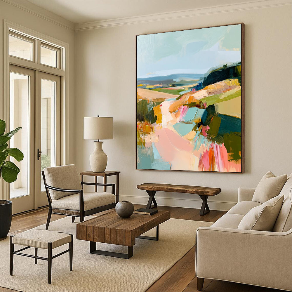 Contemporary abstract oil painting showcasing an Irish landscape with thick brush strokes in muted pastels of teal pink and yellow. DLZ0462