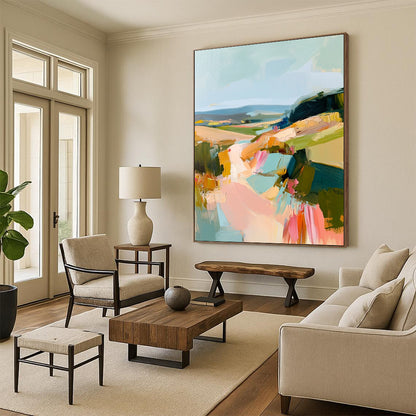 Contemporary abstract oil painting showcasing an Irish landscape with thick brush strokes in muted pastels of teal pink and yellow. DLZ0462