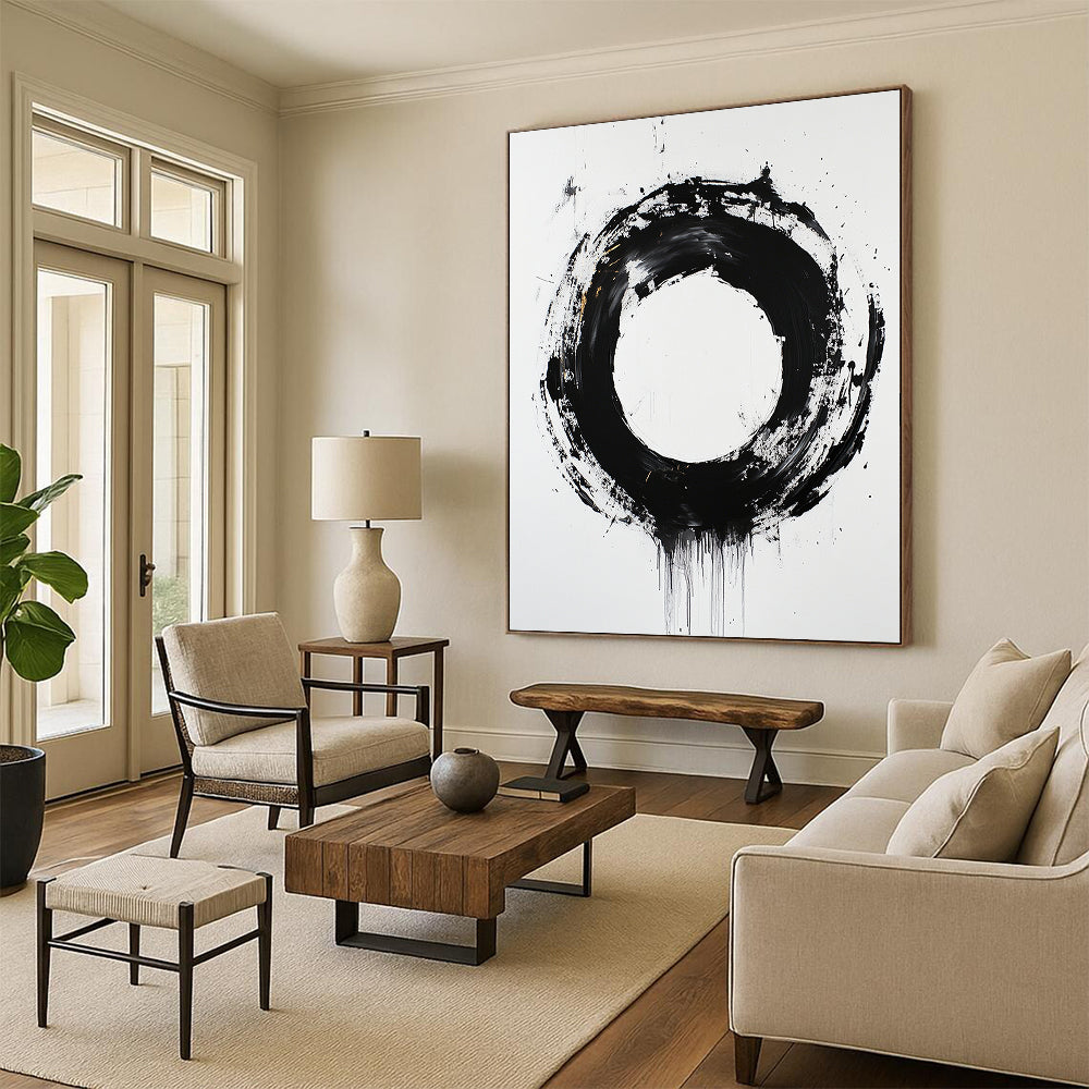 White, Black and Gold Abstract Circle "Dynamic Enso" Painting On Canvas HB366