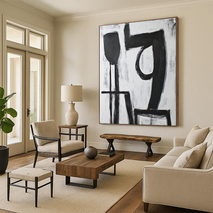 Contemporary hand-painted abstract artwork featuring bold black "9" strokes with a large 'A' shape in front on a pure white background. DLZ1540