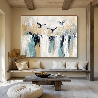 “Birds Over Textured Landscape” - Beige, Teal, Black, Bird Silhouettes - Painting On Canvas HB1412