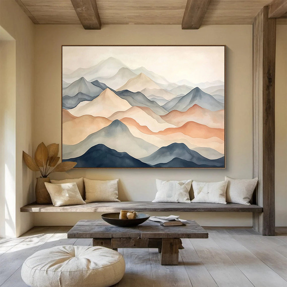 “Pastel Mountain Range” - Beige, Gray, Blue, Brown - Minimalist Mountain Watercolor - Watercolor Painting HB1333