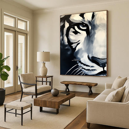 Contemporary abstract painting featuring a white tiger's face in dark tones against a grey background with vibrant brush strokes on canvas. DLZ1567
