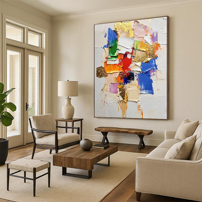 Contemporary hand-painted abstract art featuring textured thick paint vibrant color blocks and elegant gold foil accents on a white background. DLZ0682