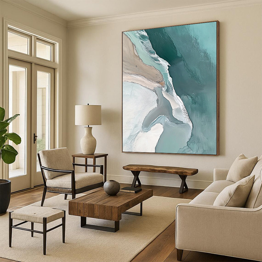 Contemporary abstract art captures an aerial view of Great Sumatra Beach in fluid pastel colors promoting tranquility and minimalist beauty. DLZ0844