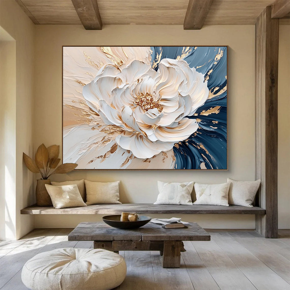 “Elegant Gold - Accented Peony” - White, Gold, Textured Peony Flower Painting On Canvas HB0879