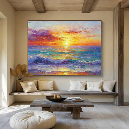 “Vibrant Sunset Over Ocean” - Oranges, Pinks, Purples, Blues, Ocean Sunset - Impasto Oil Painting HB1566