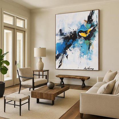 Contemporary hand-painted abstract artwork featuring expressive calligraphy and vibrant splashes of color including a yellow bird against a white background. DLZ0358