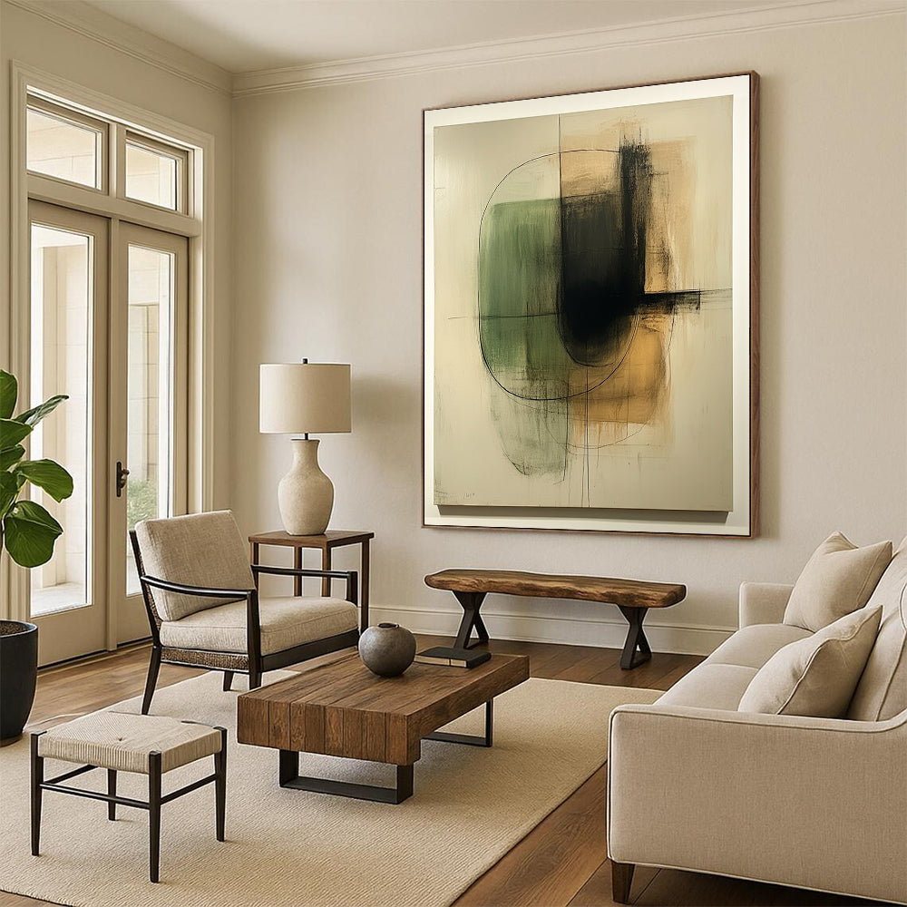 Contemporary hand-painted abstract art featuring organic shapes in green and beige on a textured white canvas with thin black lines and earth tones. DLZ1582