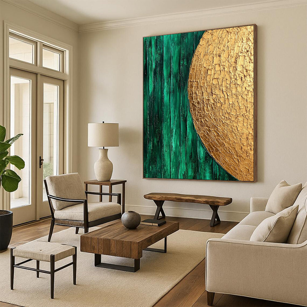 Contemporary hand-painted abstract art featuring emerald green and gold with smooth brush strokes and organic white textured patterns. DLZ0916