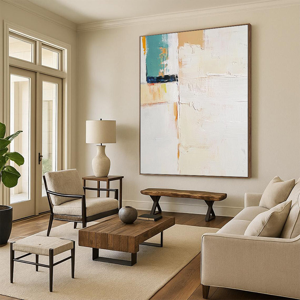 Large contemporary hand-painted abstract art featuring vibrant colors and bold shapes, perfect for adding a modern touch to any space. DLZ1770