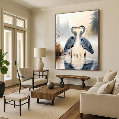 Contemporary hand-painted abstract art capturing two herons on a foggy lake with a lush forest backdrop, perfect for elevating any space. DLZ1718