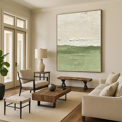 Contemporary abstract painting with vibrant green water soft brushstrokes and minimalist design highlighting fluidity and tranquility on a large canvas. DLZ1416