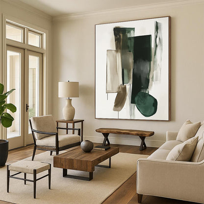Abstract contemporary hand-painted artwork showcases geometric shapes in green and gray on a white background with a striking vertical line dividing the composition. DLZ0873