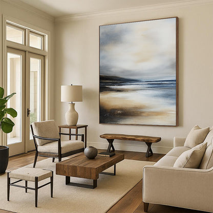 Contemporary hand-painted abstract art featuring a serene beach landscape with muted gray-blue and beige colors evoking tranquility and coastal essence. DLZ0283