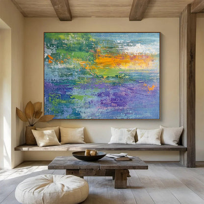 “Vibrant Abstract Field” - Green, Blue, Purple, Orange, Textured Abstract Landscape Painting On Canvas HB1070