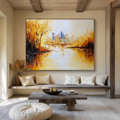 “Golden Cityscape” - Gold, Blue, Yellow, Shimmering City and Reflective River Painting On Canvas HB0934