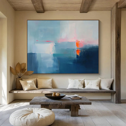 “Subtle Abstract Horizon in Blue” - Blue, white, pink, orange; Subtle abstract horizon with soft colors; Acrylic Painting On Canvas HB1274