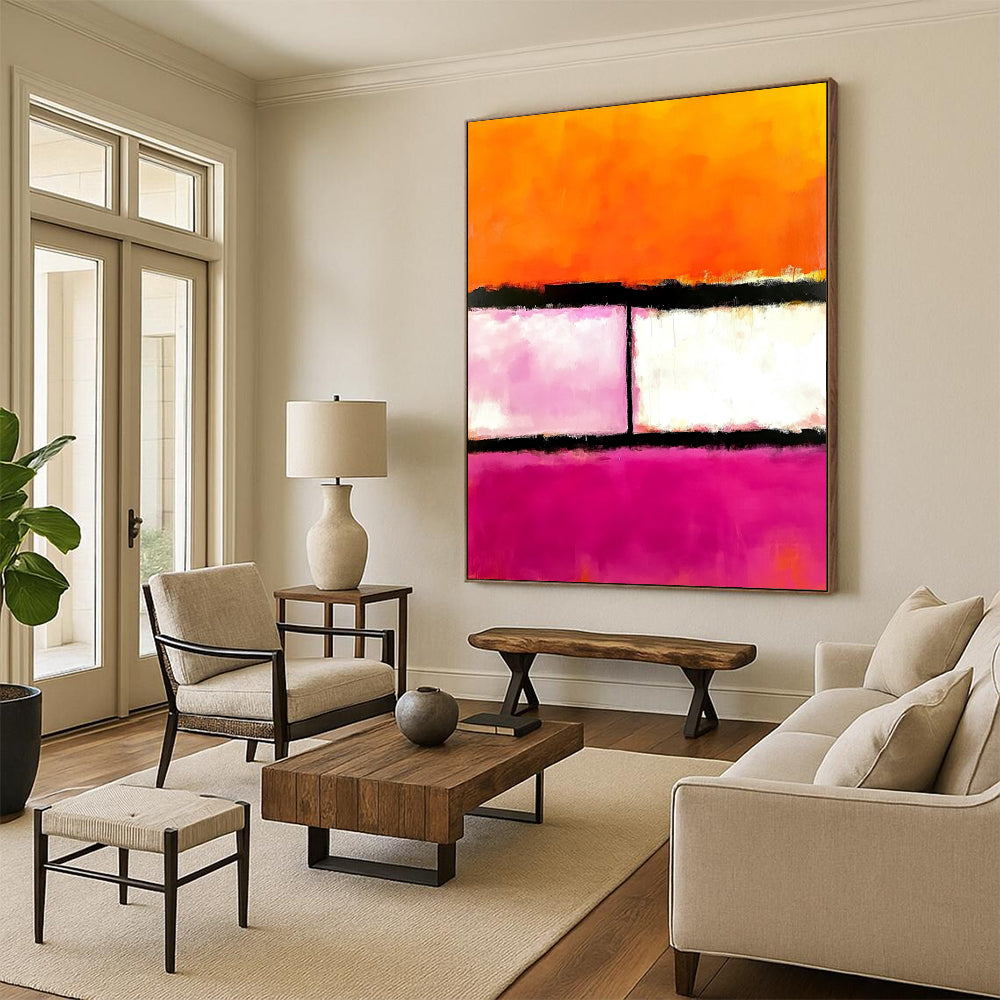 Contemporary hand-painted abstract art featuring pink orange and white hues with two striking black lines in the center. DLZ1441
