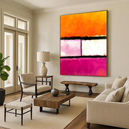 Contemporary hand-painted abstract art featuring pink orange and white hues with two striking black lines in the center. DLZ1441