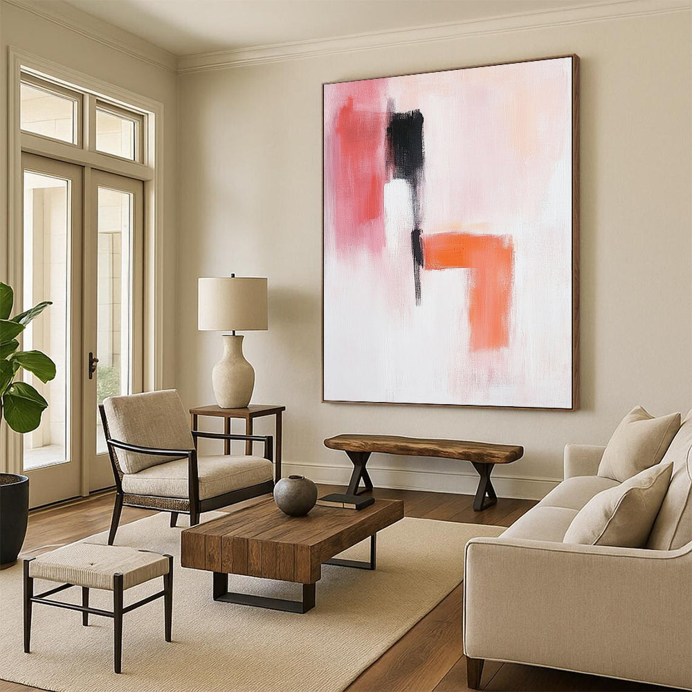 Contemporary abstract painting in soft pink orange and white with a serene figure black shoes and textured elements creating a minimalistic calm composition. DLZ0918