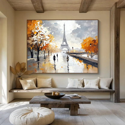 “Autumn in Paris” - Oranges, Grays, Whites, Eiffel Tower and Tree - Lined Path in Autumn - Impressionist Oil Painting HB1715
