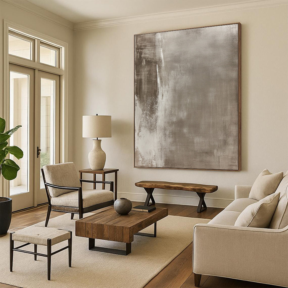 Contemporary hand-painted abstract art featuring aged canvas with muted tones and urban-inspired motifs, showcasing texture and unique character. DLZ1169