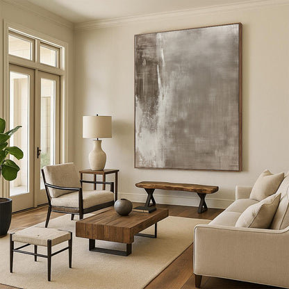 Contemporary hand-painted abstract art featuring aged canvas with muted tones and urban-inspired motifs, showcasing texture and unique character. DLZ1169