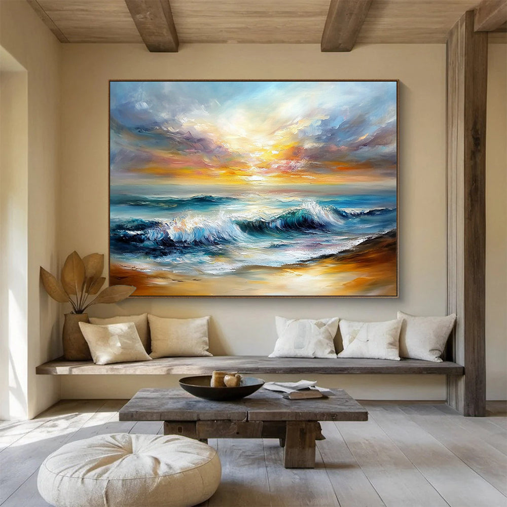 Dynamic Sea Waves Under Colorful Sky - Expressive Impasto Seaside Painting On Canvas HB0443