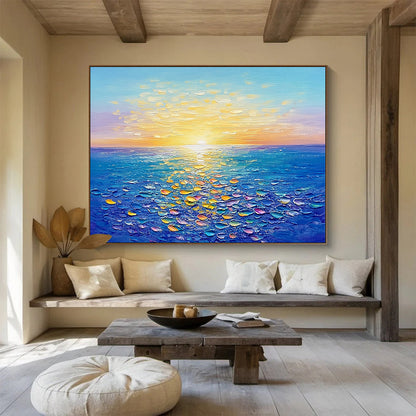 Sunlit Sea with Colorful Textured Reflections - Impasto Seaside Painting On Canvas HB0438