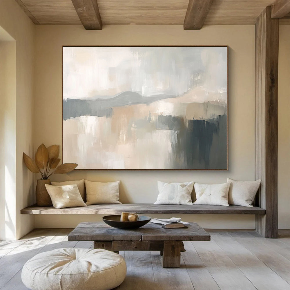 “Ethereal Gray Landscape” - Soft Grays, Beiges, and Whites, Dreamy Abstract Landscape with Hints of Water Painting On Canvas HB0914
