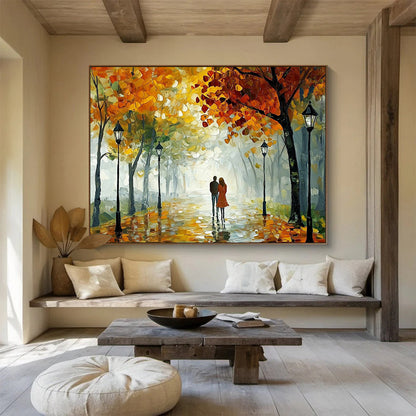 “Autumn Stroll” - Orange, Yellow, Green, Couple Walking Under Trees - Impasto Oil Painting HB1704